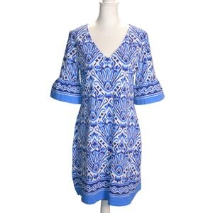Barbara Erickson Shift Dress Womens Large Blue Ikat Bell Sleeve Casual V-Neck